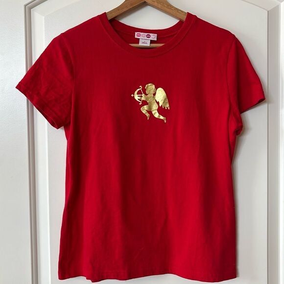 Vintage Red Baby Tee Shirt Short Sleeve valentine’s Day gold Metallic Cupid - Picture 1 of 7